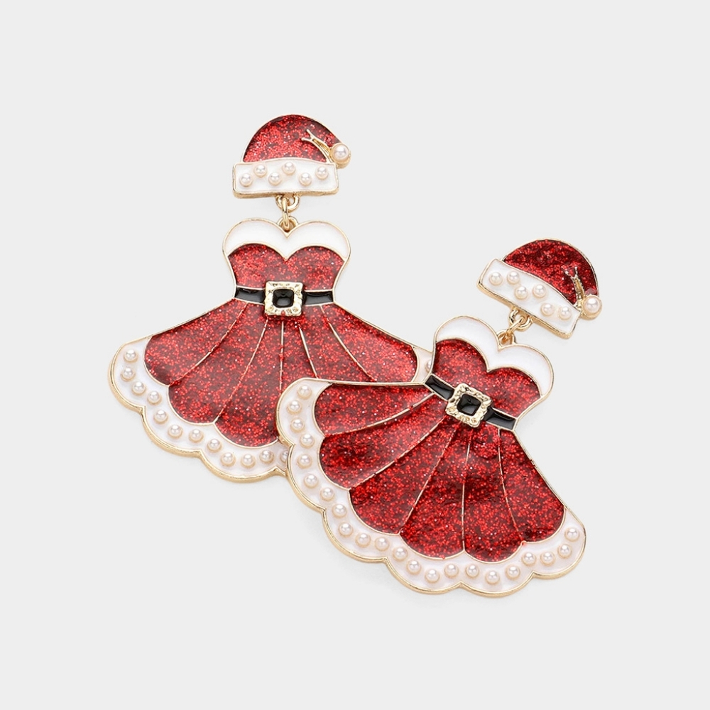 Red Santa Dress Christmas Pearl Dangle Earrings Fun Holiday Cute Jewelry Hat